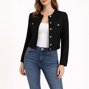 Guess Black Tweed Button-Front Cropped Jacket